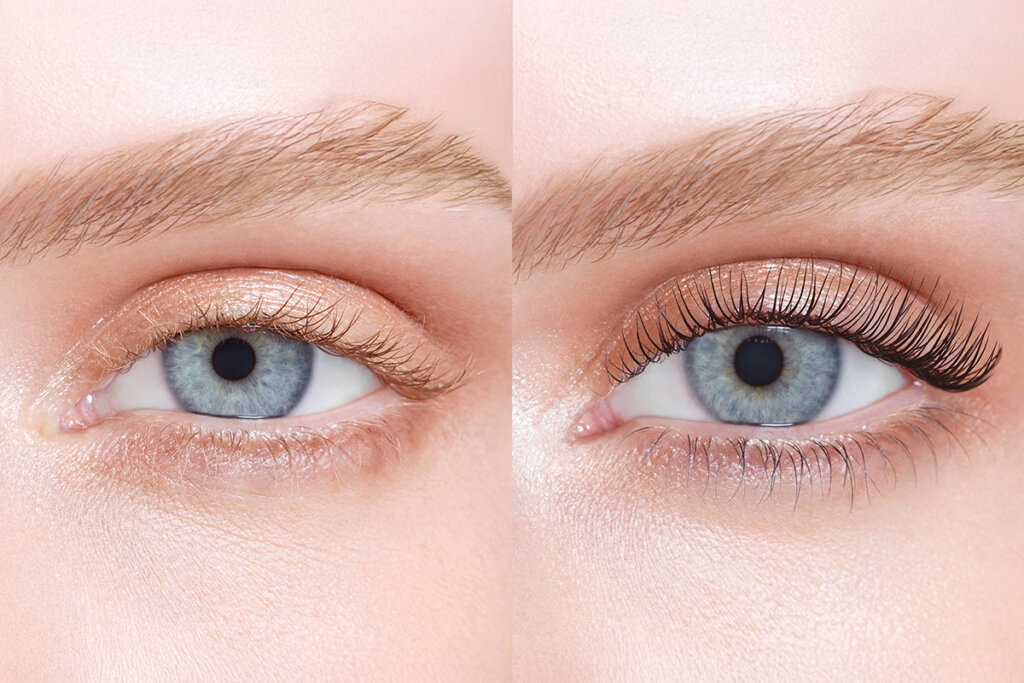 This image shows a visual answer to the question “What is a lash lift before and after?” The before image shows natural lashes, while the after image shows lashes that have undergone a lift and tint service.