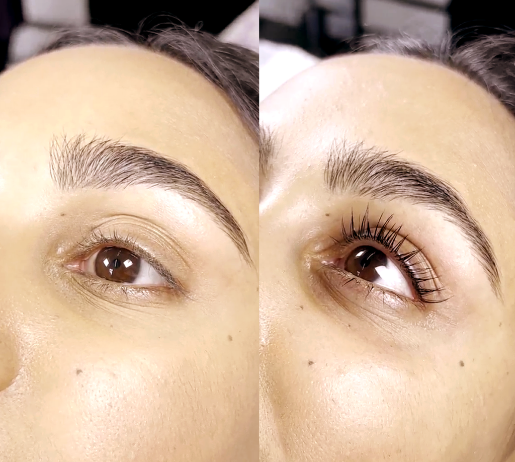 Side by side of a before and after image showing the benefits of eyelash tinting.