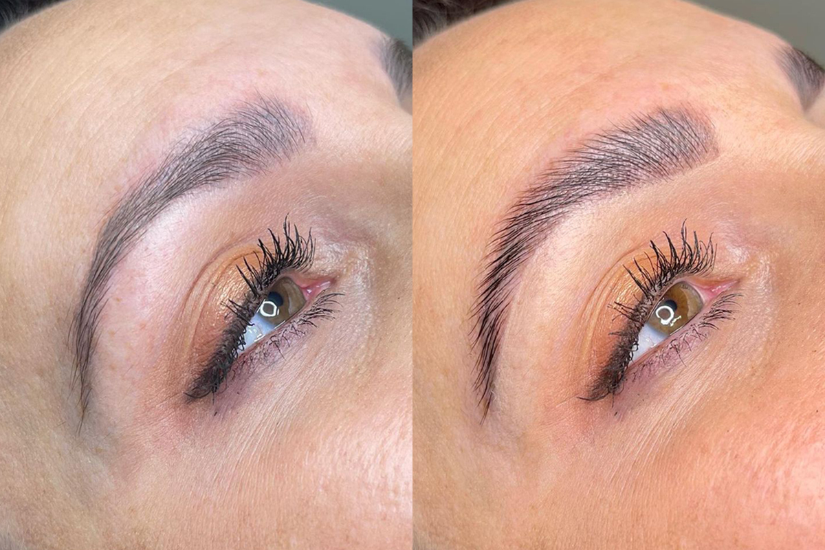 Before and after shot of a brow lamination service.