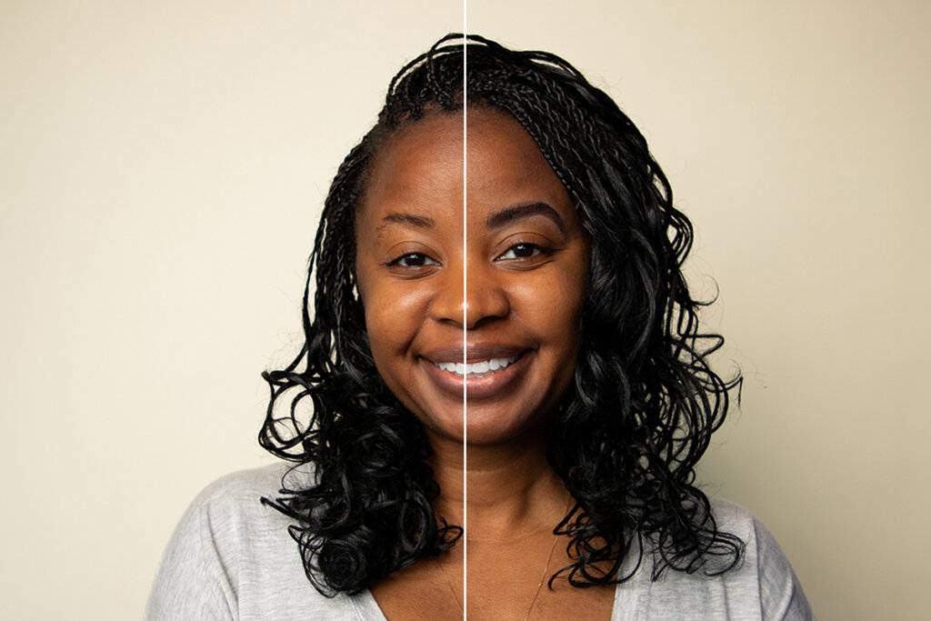 A woman has a side-by-side picture of her face with one brow tinted and one brow not tinted, showing the results and definition added by the service.