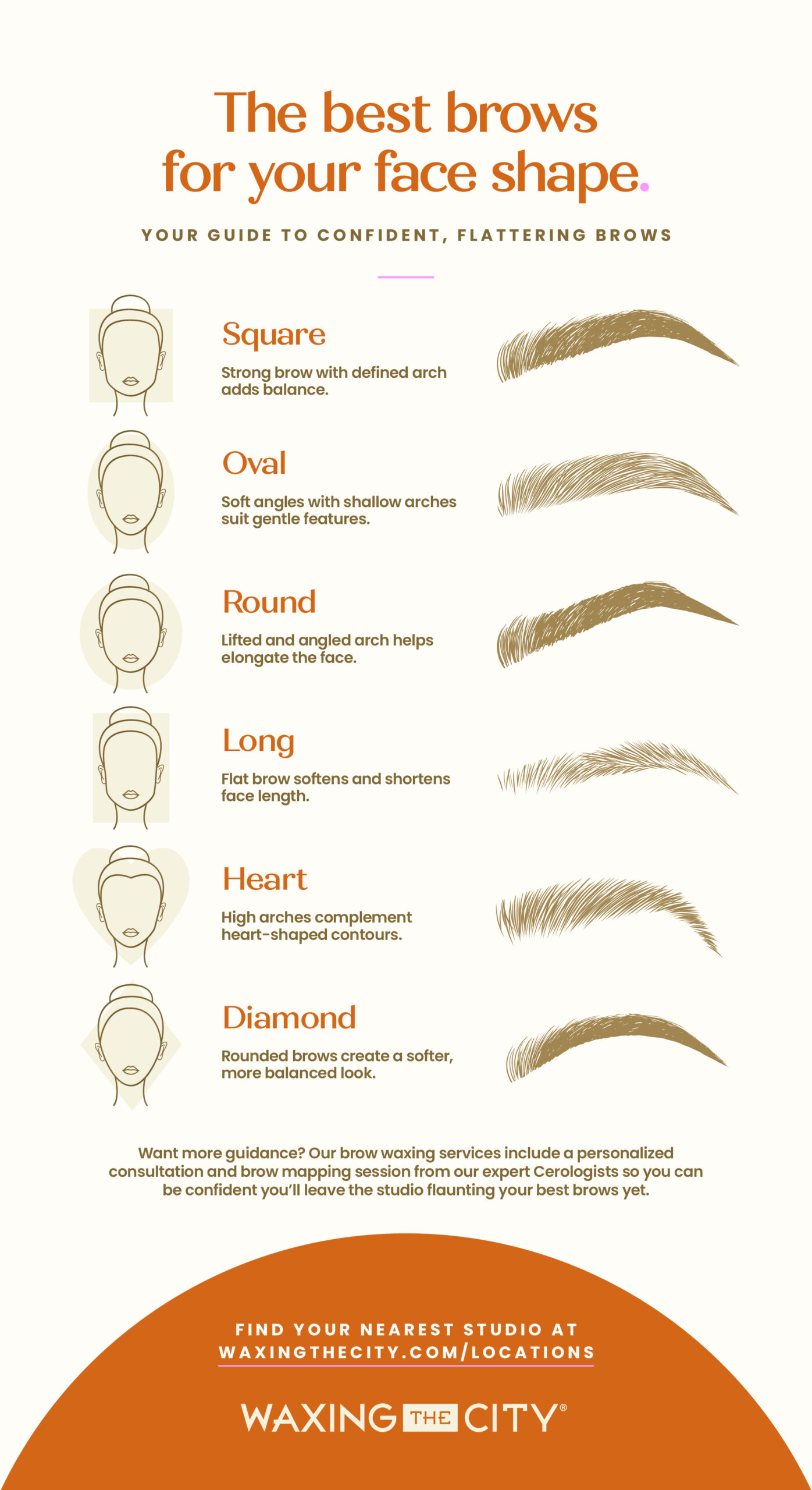 Guide for the best eyebrow shape for each face type, including square, oval, round, long, heart, and diamond.
